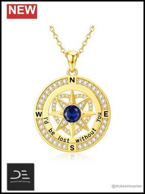 14K Gold Plated Compass Birthstone Pendant Necklace with CZ Stones